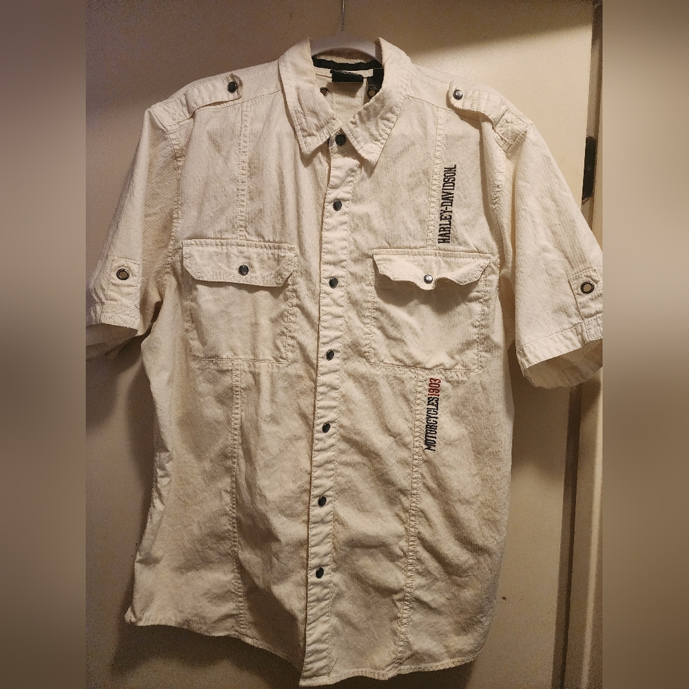 Harley-Davidson Cream Short Sleeve Utility Shirt with Embroidery